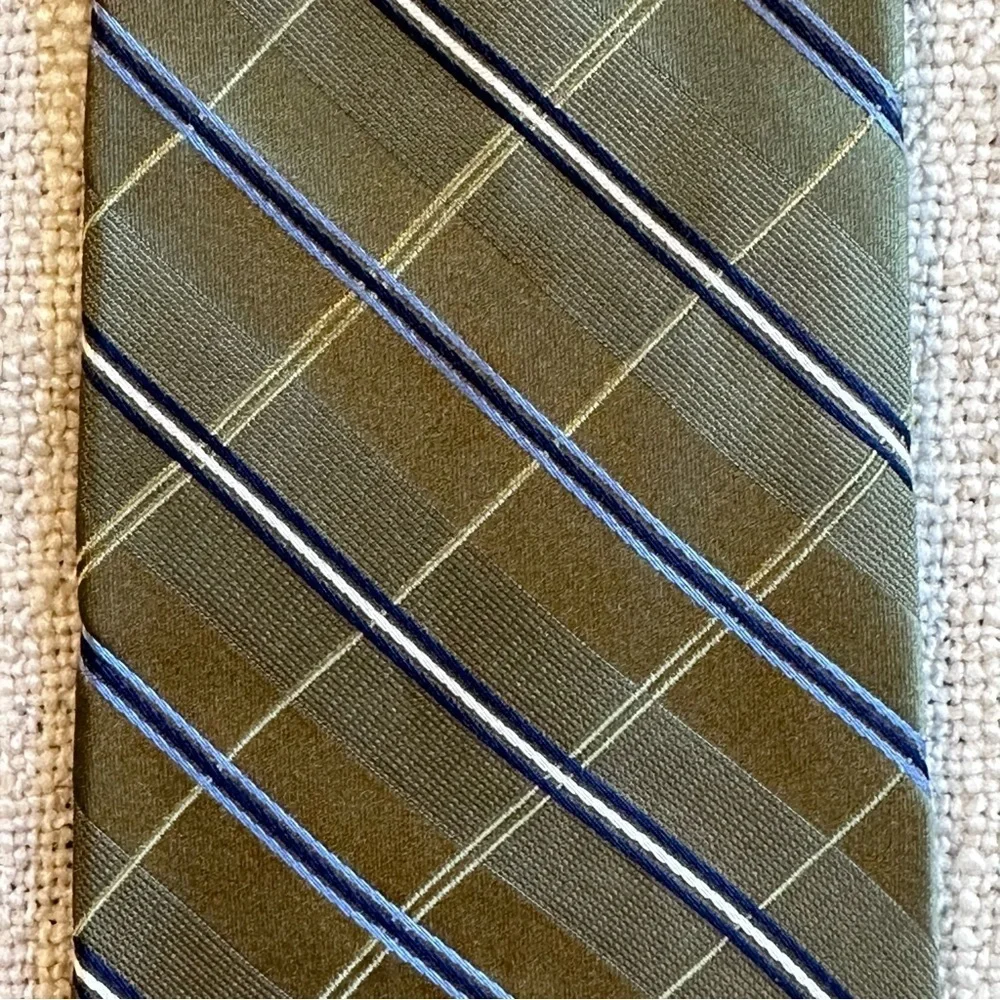 MURANO 100% Silk Tie Olive Sage Green Plaid Diagonal Stripes Blue White